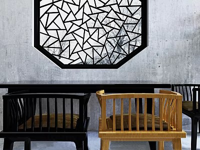 Interior Design Wooden and Black Chairs Table Set Gray Wall Geometric Window 3d model