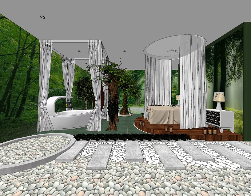 Serene SPA Sauna Retreat With Green Plants White Curtains Bathtub And Massage Bed 3d model 