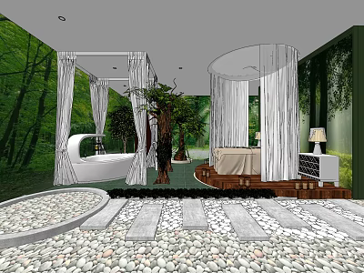 Serene SPA Sauna Retreat With Green Plants White Curtains Bathtub And Massage Bed 3d model