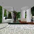 Serene SPA Sauna Retreat With Green Plants White Curtains Bathtub And Massage Bed