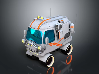 Futuristic Small Silver Vehicle With Orange Stripes Blue Windows Round Wheels And Roof Lights 3d model