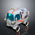 Futuristic Small Silver Vehicle With Orange Stripes Blue Windows Round Wheels And Roof Lights