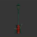 Outdoor Scene Components With Green Street Lamp Trash Can Wooden Bench And Red Fire Hydrant
