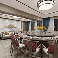 Elegant Private Dining Room Interior Featuring Round Table Chairs Flower Vase And Ceiling Lamp 3d model