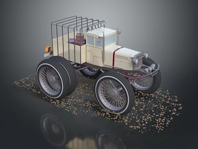 Beige Vintage Truck With Large Wheels And Metal Cage Transport Structure 3d model