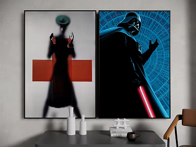Modern Wall Art Featuring Silhouette Figure With Hat And Dark Character With Red Lightsaber 3d model