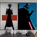 Modern Wall Art Featuring Silhouette Figure With Hat And Dark Character With Red Lightsaber