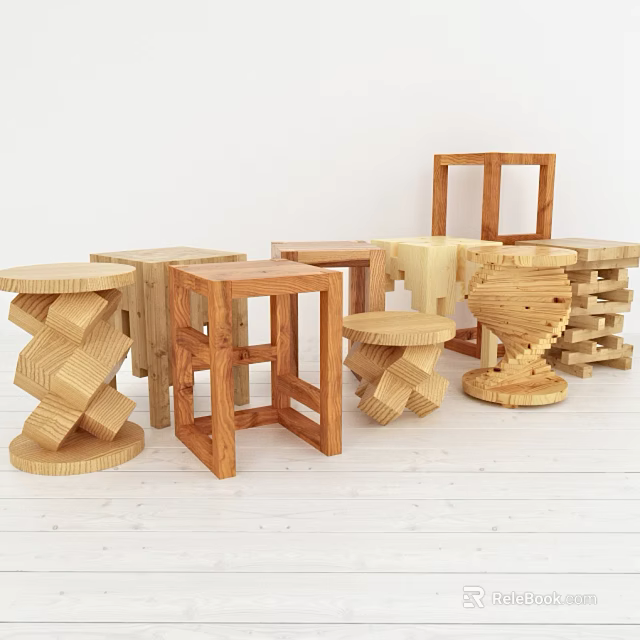 Various Wooden Stools With Unique Designs And Modern Structures On White Floor 3d model
