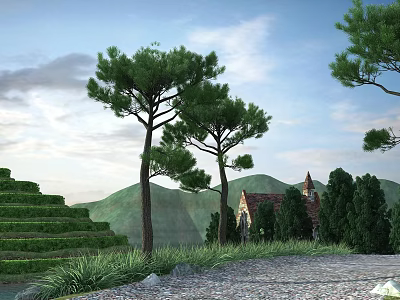 Scenic Park Landscape With Stone Steps Pine Trees Gravel Path And Distant Mountain Building 3d model