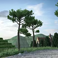 Scenic Park Landscape With Stone Steps Pine Trees Gravel Path And Distant Mountain Building