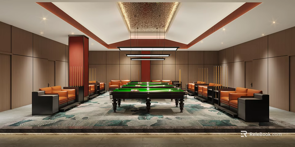 Modern Billiard Room With Green Tables And Orange Sofas 3d model 