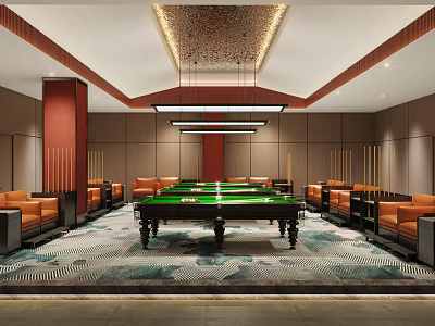 Modern Billiard Room With Green Tables And Orange Sofas 3d model