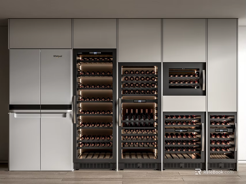 Modern Built in Wine Cabinet With Multiple Racks And Neatly Arranged Bottles 3d model 