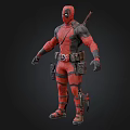 Deadpool Character Model In Red Black Costume With Swords On Back And Utility Belt