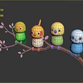 Four Colorful Game Movie Characters Perched on Branch with Pink Blossoms and Reflections