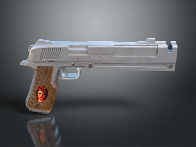 Silver Metal Pistol With Wooden Grip Featuring Red Emblem Design 3d model