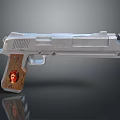 Silver Metal Pistol With Wooden Grip Featuring Red Emblem Design
