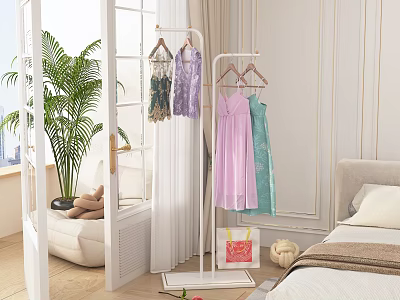 Elegant Bedroom Interior With Clothing Rack Colorful Dresses Green Plant And Decor Items 3d model