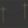 Wooden Utility Poles Supporting Overhead Power Lines On Gray Reflective Surface 3d model