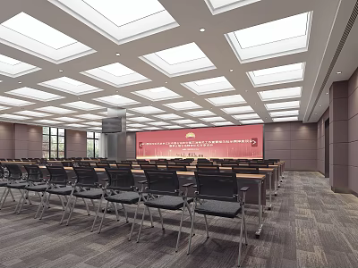 Spacious Modern Conference Room With Skylight Ceiling Arranged Chairs And Front Screen 3d model