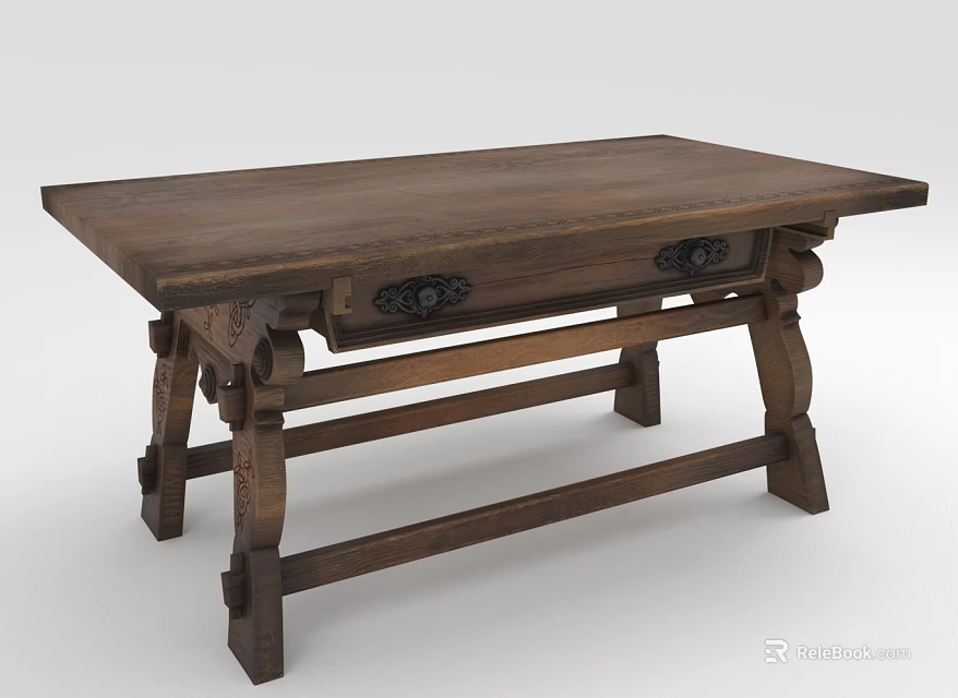 Vintage Solid Wood Dining Table With Decorative Drawer And Carved Legs 3d model