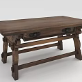 Vintage Solid Wood Dining Table With Decorative Drawer And Carved Legs 3d model