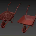 Two Wheelbarrows With Red And Yellow Handles One Filled With White Materials