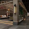 Traditional Chinese Restaurant Interior With Wooden Roof Cherry Blossom Screens And Sofa Seating
