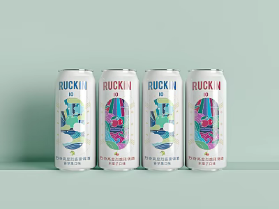 Four RUCK Canned Drinks With Colorful Illustrative Designs On Light Green Background 3d model