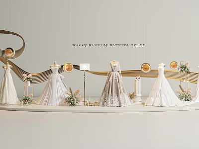Elegant Luxury Wedding Dresses Display With Mannequins And Floral Decorations 3d model