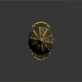 Intricate Blue And Gold Decorated Ancient Helmet With Pointed Top And Historical Weapon Design
