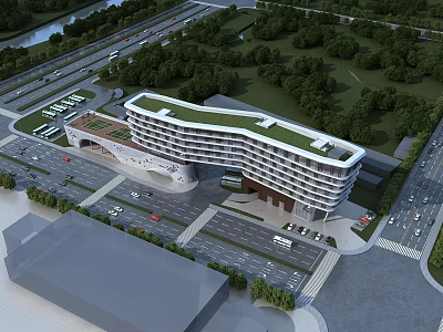 Modern Commercial Street Featuring Green Roof Buildings Trees Roads And Parking Lots 3d model