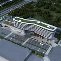 Modern Commercial Street Featuring Green Roof Buildings Trees Roads And Parking Lots