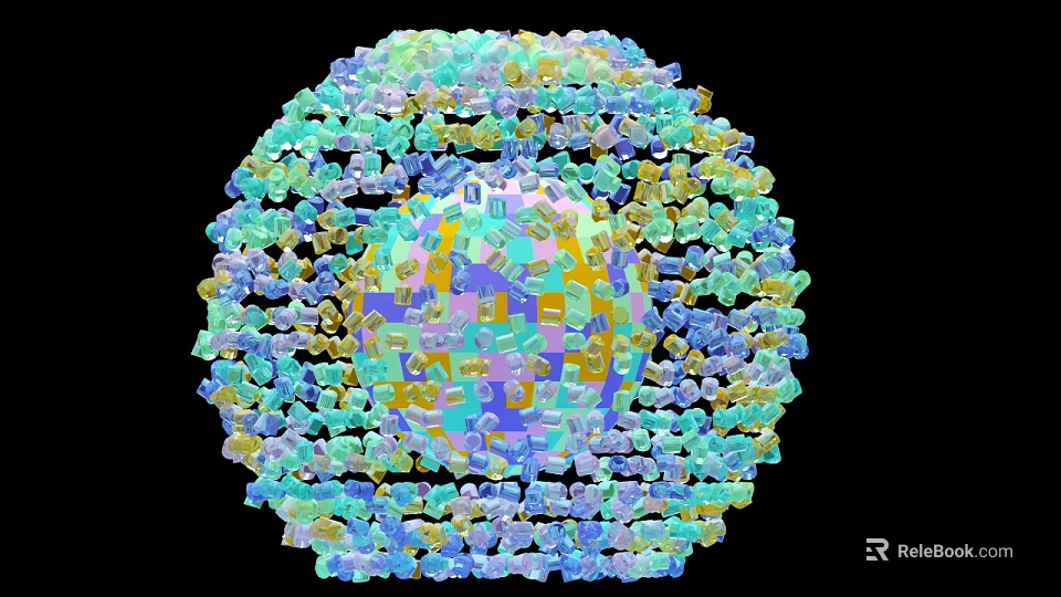 3D Molecular Rendering of Spherical Virus Structure with Colorful Protein Subunits 3d model 