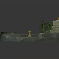 Cartoon Scene With Circular Spiral Platform Steps Golden Statues Pine Trees On Rock Base Tower