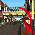 Vibrant Commercial Street with Coffee Shop Bakery Titan Cafe Outdoor Seating Red Umbrellas and Pedestrians
