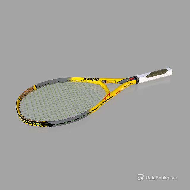 Professional Tennis Racket As Essential Sports Equipment With Yellow Frame Green Strings And White Handle 3d model 