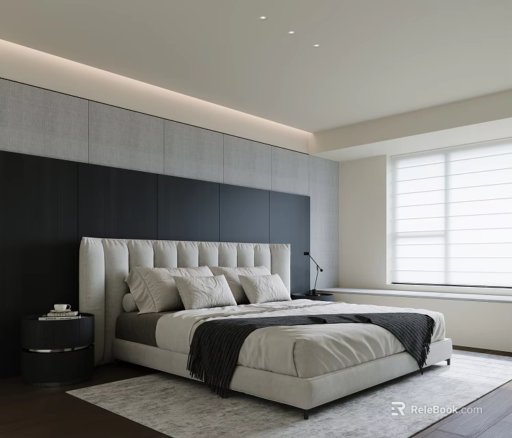 Modern Bedroom Interior With Large Bed Dark Headboard Wall And Window Blinds 3d model