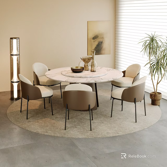 Restaurant Dining Area With Round Marble Table Beige Walls Hanging Art Blinds And Plant 3d model 