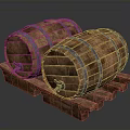 Traditional Wooden Barrels With Metal Hoops On Wooden Stand For Storage