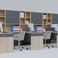 Modern Open Office Interior With Wooden Desks Computers Bookshelves And Ergonomic Chairs