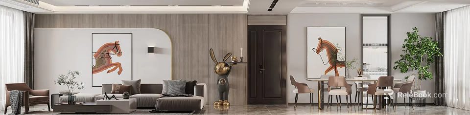 Modern Living and Dining Room Interior With Sofa Rabbit Sculpture Wooden Wall And Dark Doors 3d model 