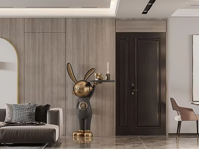 Modern Living and Dining Room Interior With Sofa Rabbit Sculpture Wooden Wall And Dark Doors 3d model