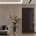 Modern Living and Dining Room Interior With Sofa Rabbit Sculpture Wooden Wall And Dark Doors