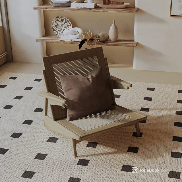 Cozy Leisure Chair with Wooden Frame Mesh Seat Brown Cushion on Black White Checkered Rug 3d model 