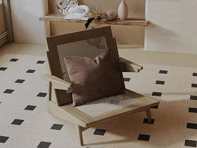 Cozy Leisure Chair with Wooden Frame Mesh Seat Brown Cushion on Black White Checkered Rug 3d model
