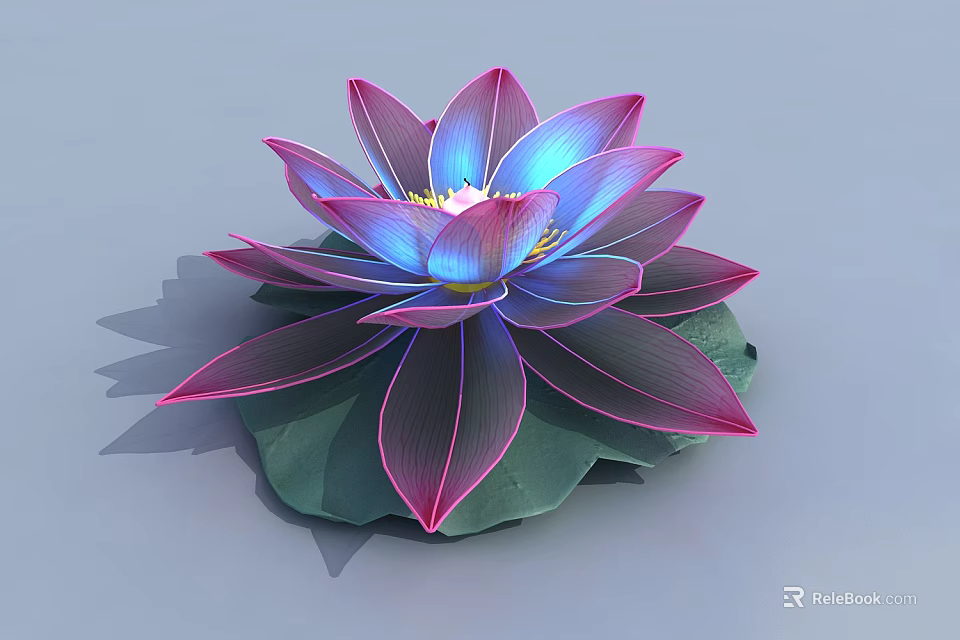Lotus Shaped Decorative Light With Purple And Blue Illuminated Petals On Green Leaf Base 3d model 