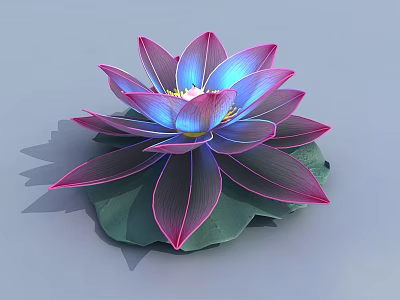 Lotus Shaped Decorative Light With Purple And Blue Illuminated Petals On Green Leaf Base 3d model