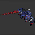 Blue Robot Character With Red Segmented Weapon In Battle Stance And Shiny Armor