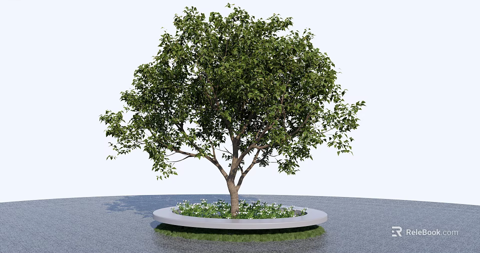 Circular Tree Pit With Green Tree And Small Plants On Paved Ground 3d model 